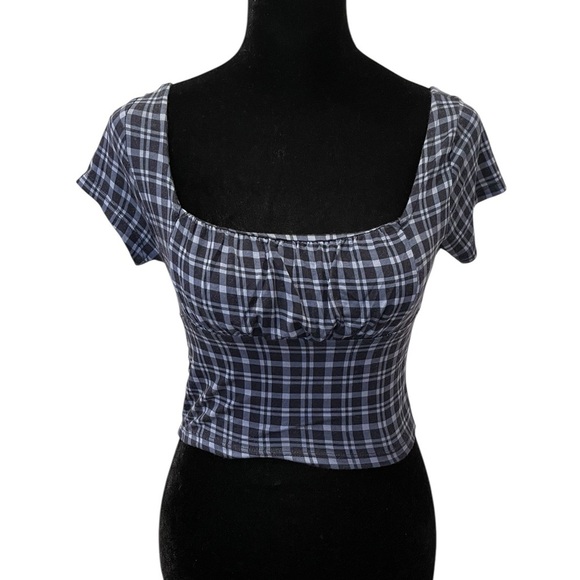 y2k navy blue & white plaid gingham milkmaid crop top - Picture 1 of 8